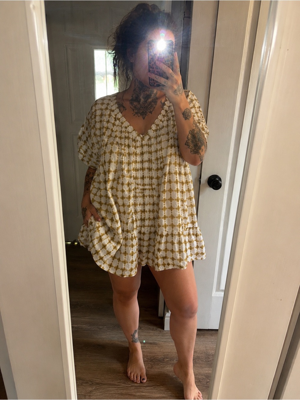 a.n.a Cream and Mustard V-Neck Short Sleeve Tunic with Geometric Print
